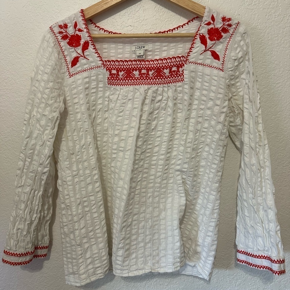J. Crew White and Red Embroidered Women's Peasant Top - XS